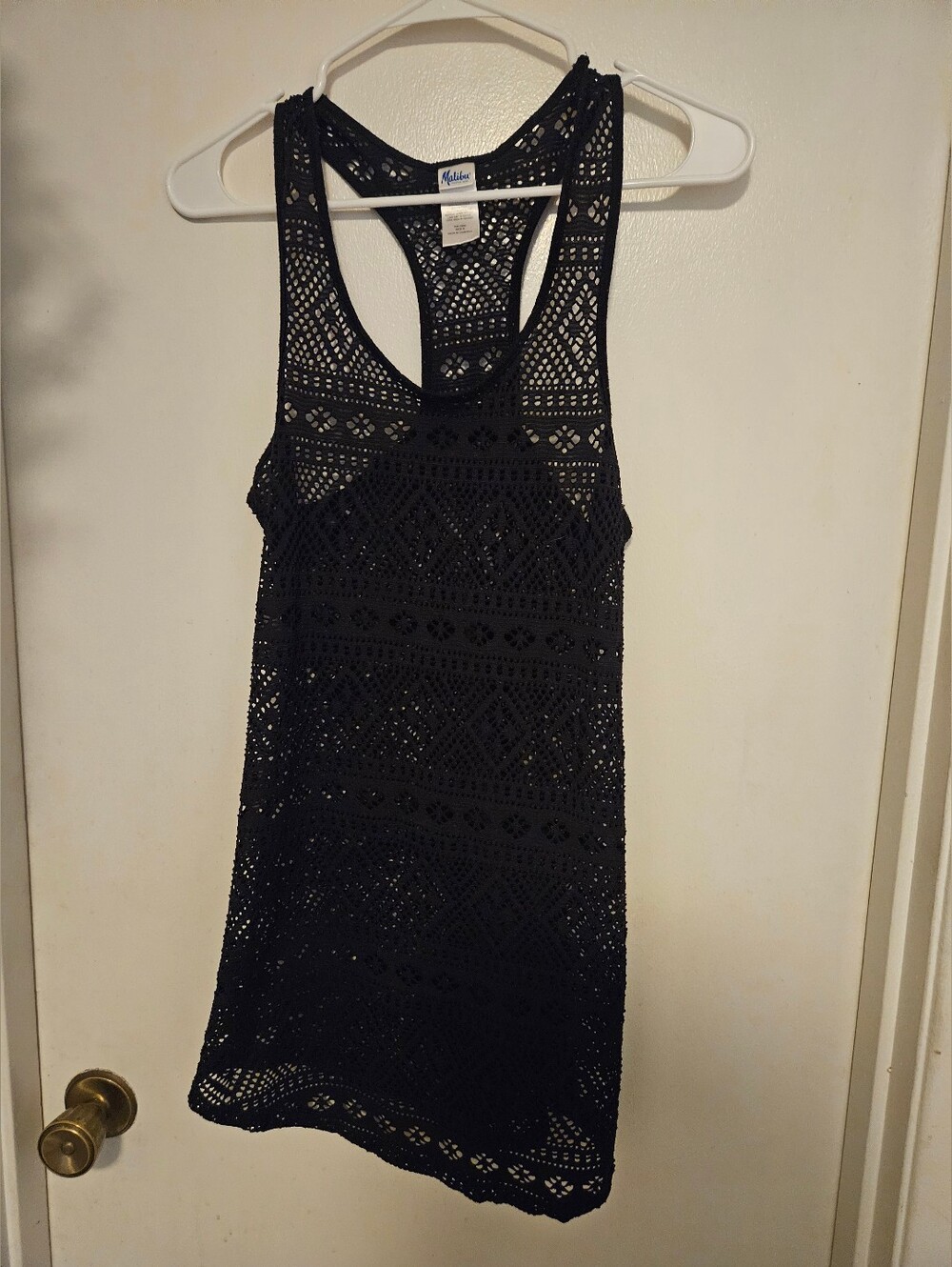 Malibu Black Lace Crochet Racerback Swimsuit Cover Up Tunic Tank